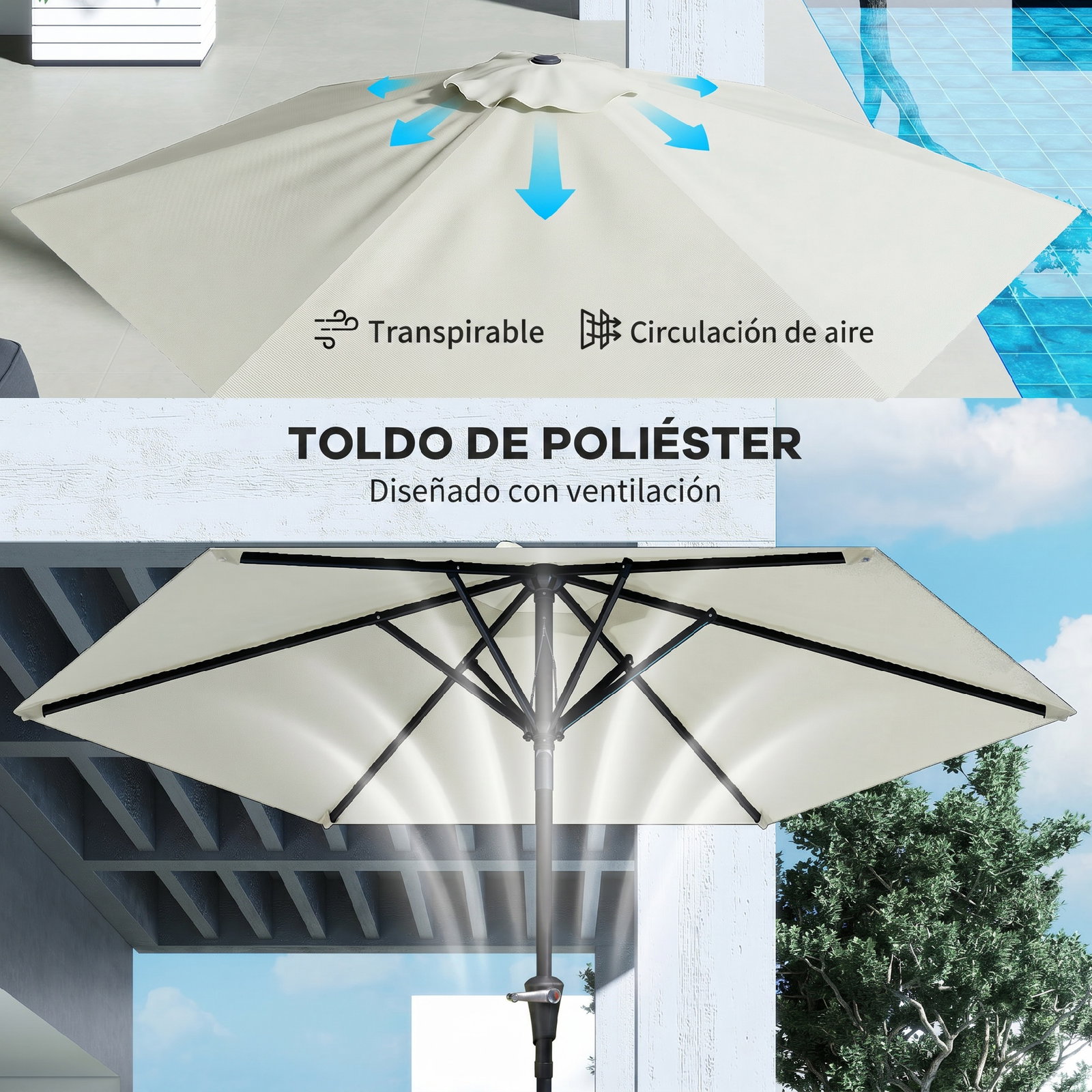 Chapéu de sol de jardim ø230x216 cm com teto ajustável abertura manual impermeável para terraço pátio piscina praia creme
