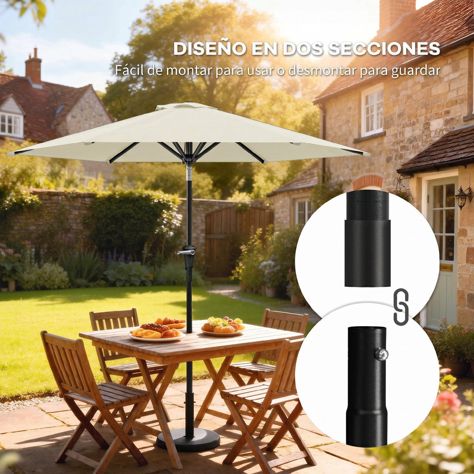 Chapéu de sol de jardim ø230x216 cm com teto ajustável abertura manual impermeável para terraço pátio piscina praia creme