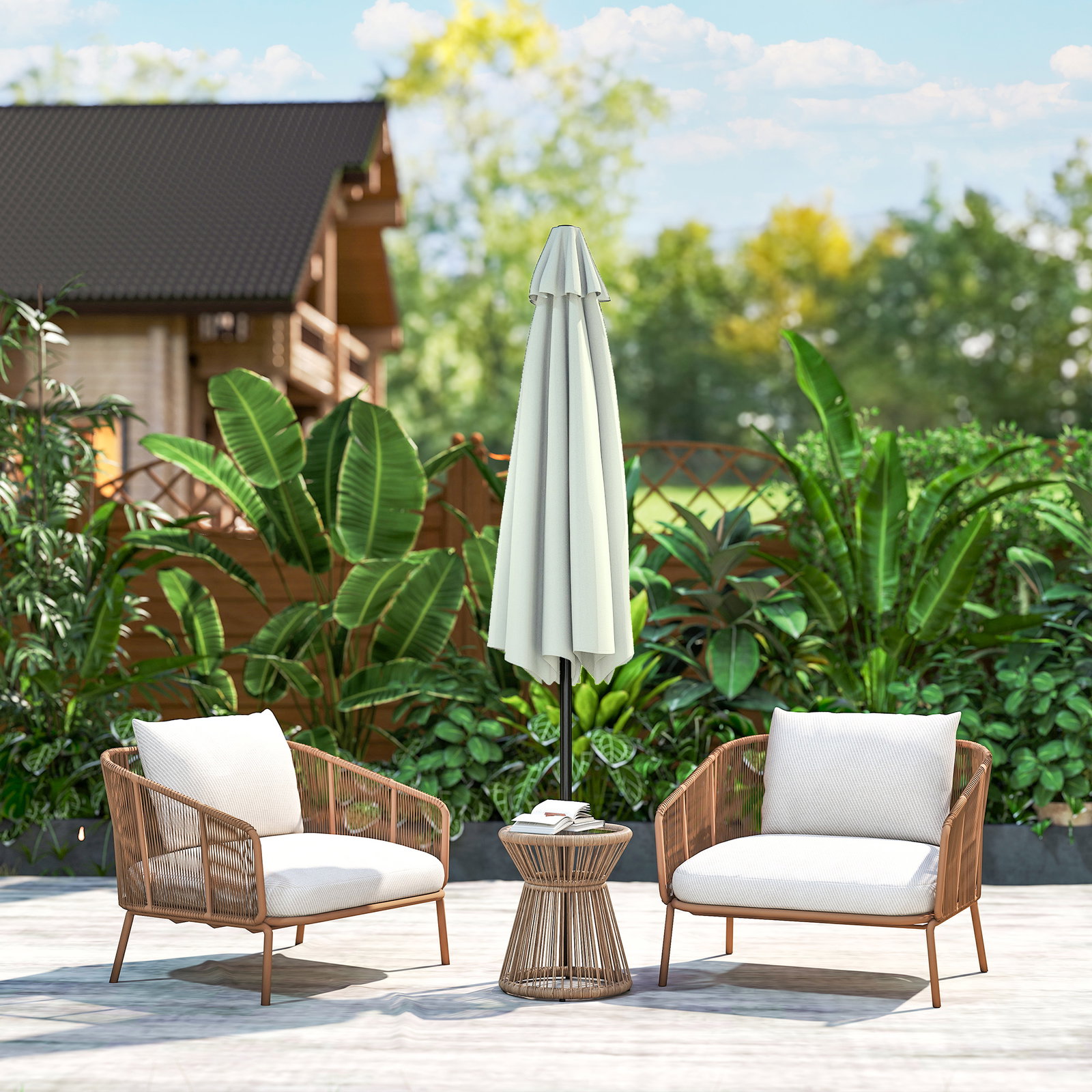 Chapéu de sol de jardim ø230x216 cm com teto ajustável abertura manual impermeável para terraço pátio piscina praia creme