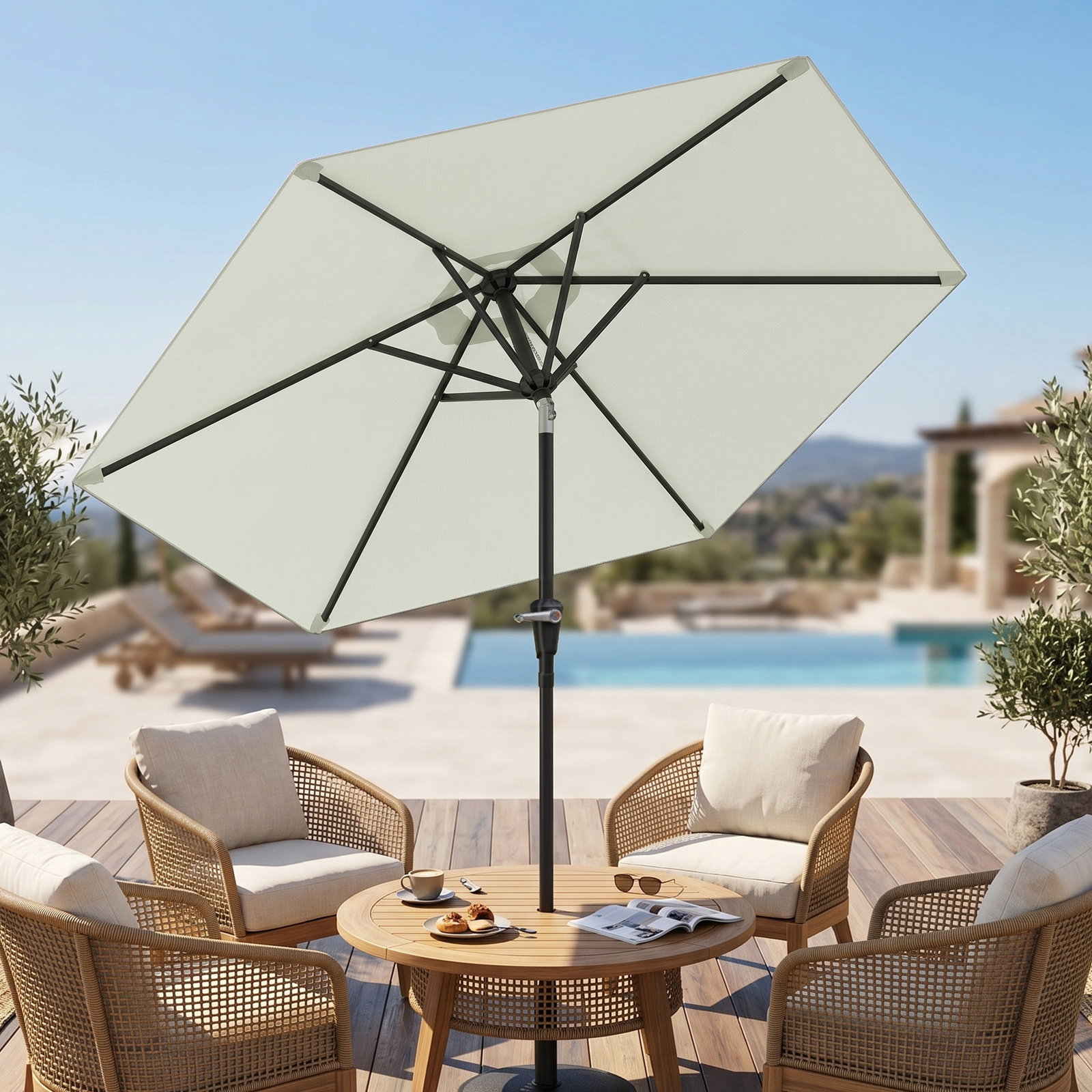 Chapéu de sol de jardim ø230x216 cm com teto ajustável abertura manual impermeável para terraço pátio piscina praia creme