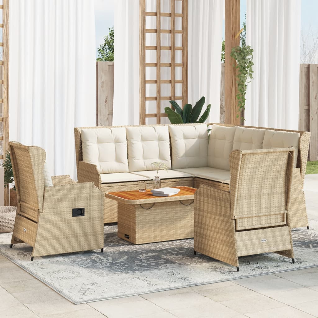 6 Pcs conjunto lounge p/ jardim com almofadões vime PE bege