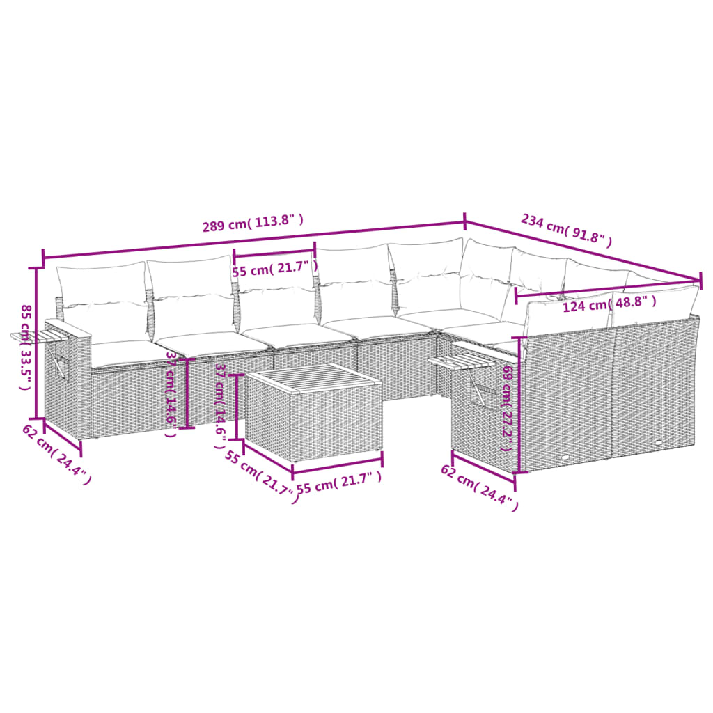 10 Pcs conjunto sofás de jardim c/ almofadões vime PE cinzento