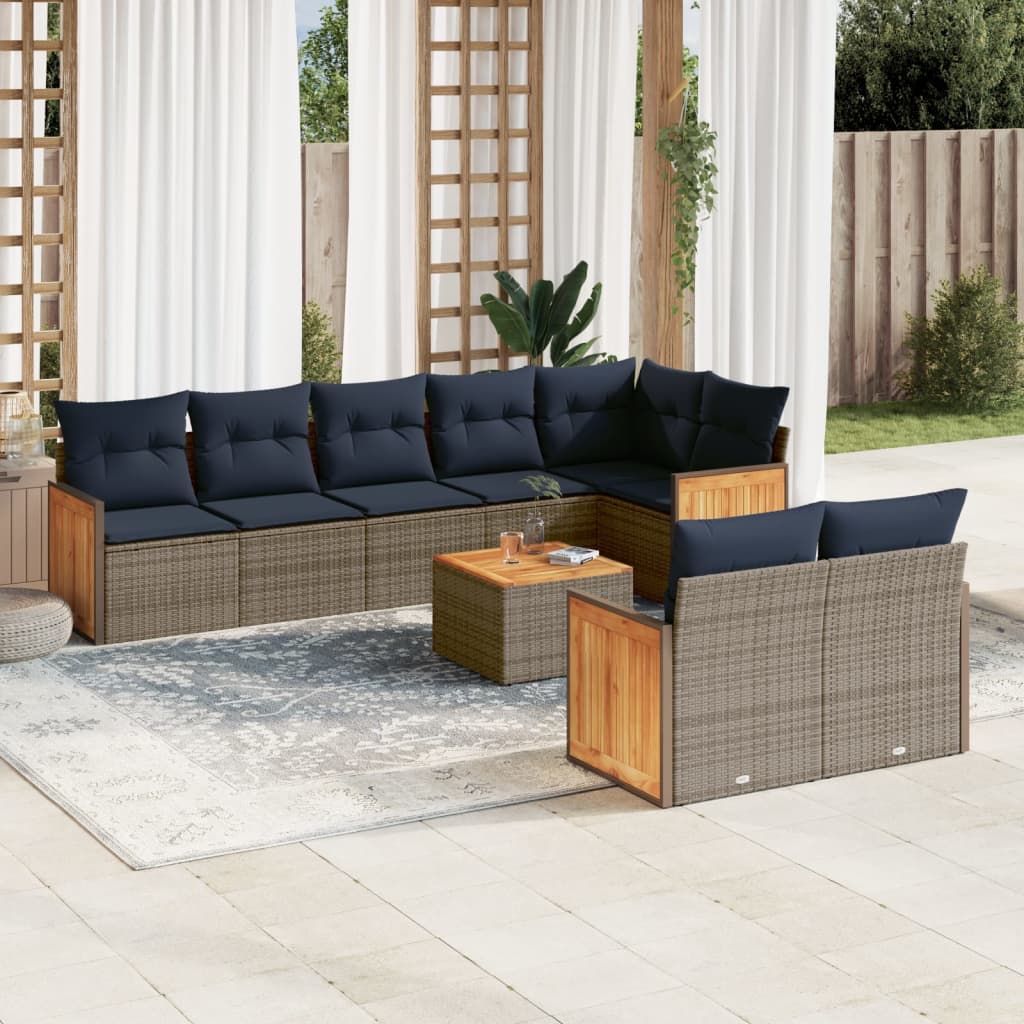 Conjunto de sofá de jardim de 9 peças com almofadas em rattan sintético cinza