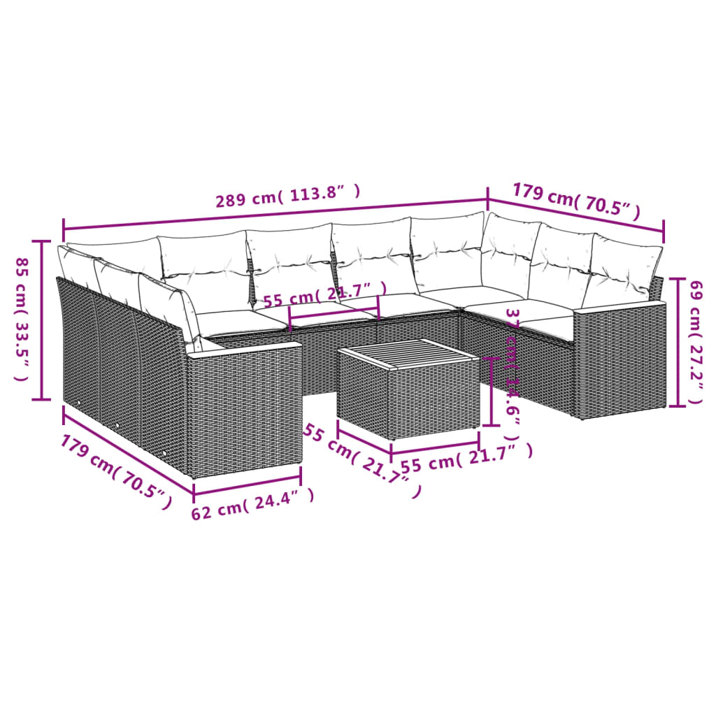10 Pcs conjunto sofás de jardim c/ almofadões vime PE cinzento