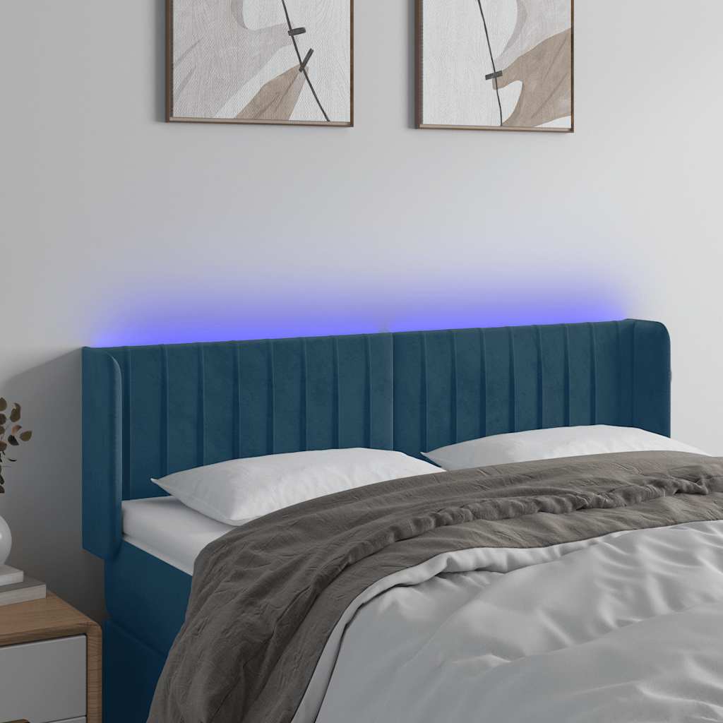 Cabeceira cama c/ luzes LED veludo 147x16x78/88 cm azul-escuro
