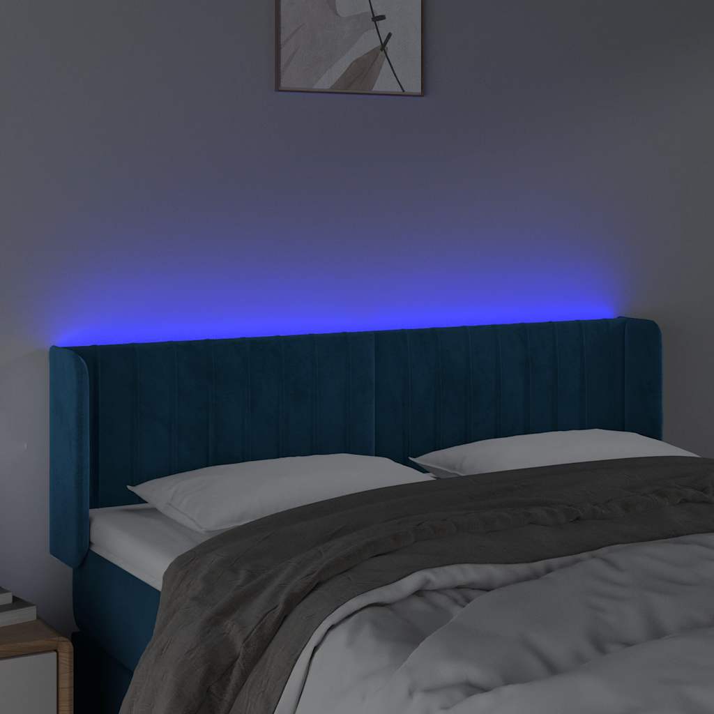 Cabeceira cama c/ luzes LED veludo 147x16x78/88 cm azul-escuro