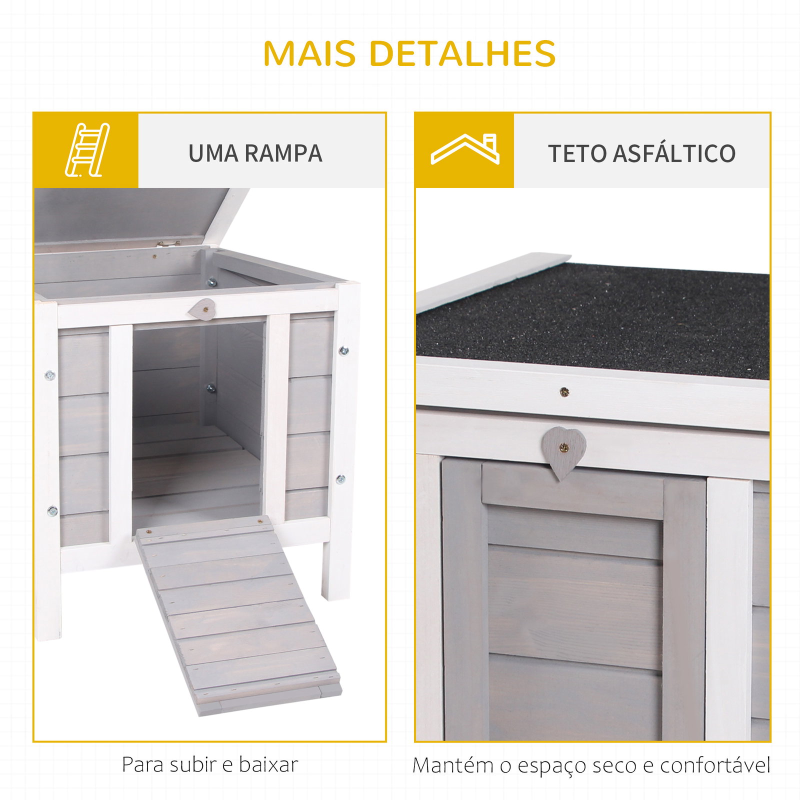 Coelheira de madeira exterior coelheira para roedores animais de estimação pequenos com teto asfáltico e rampa antiderrapante 42x51x43cm cinza