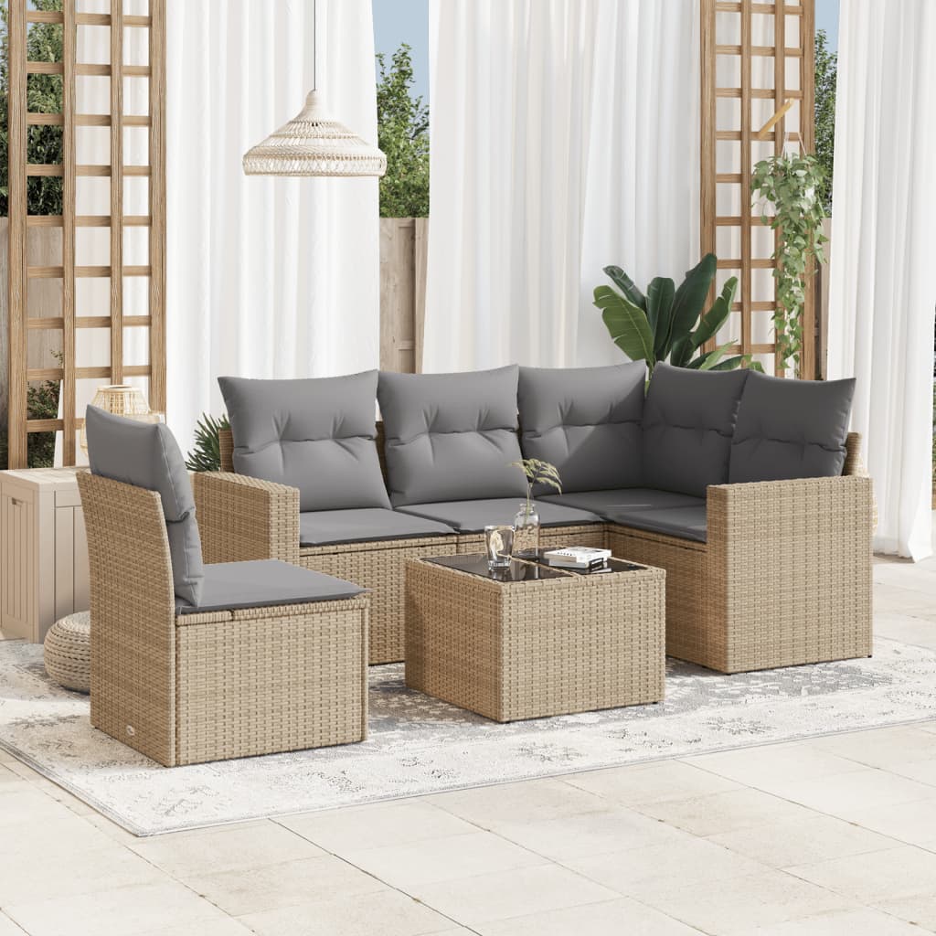 6 Pcs conjunto de sofás p/ jardim com almofadões vime PE bege
