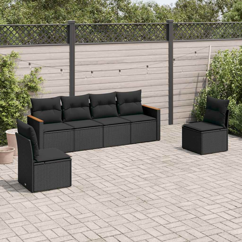 6 Pcs conjunto sofás de jardim c/ almofadões vime PE preto