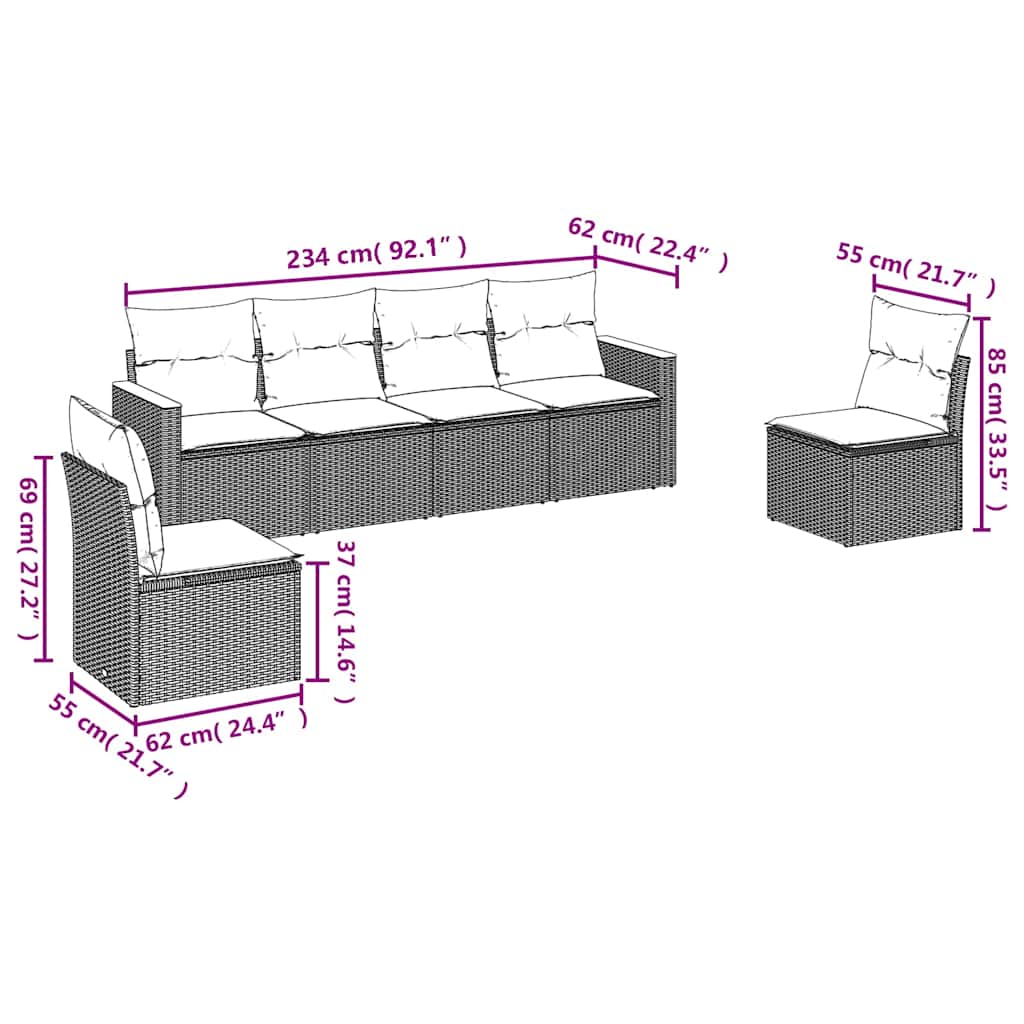 6 Pcs conjunto sofás de jardim c/ almofadões vime PE preto