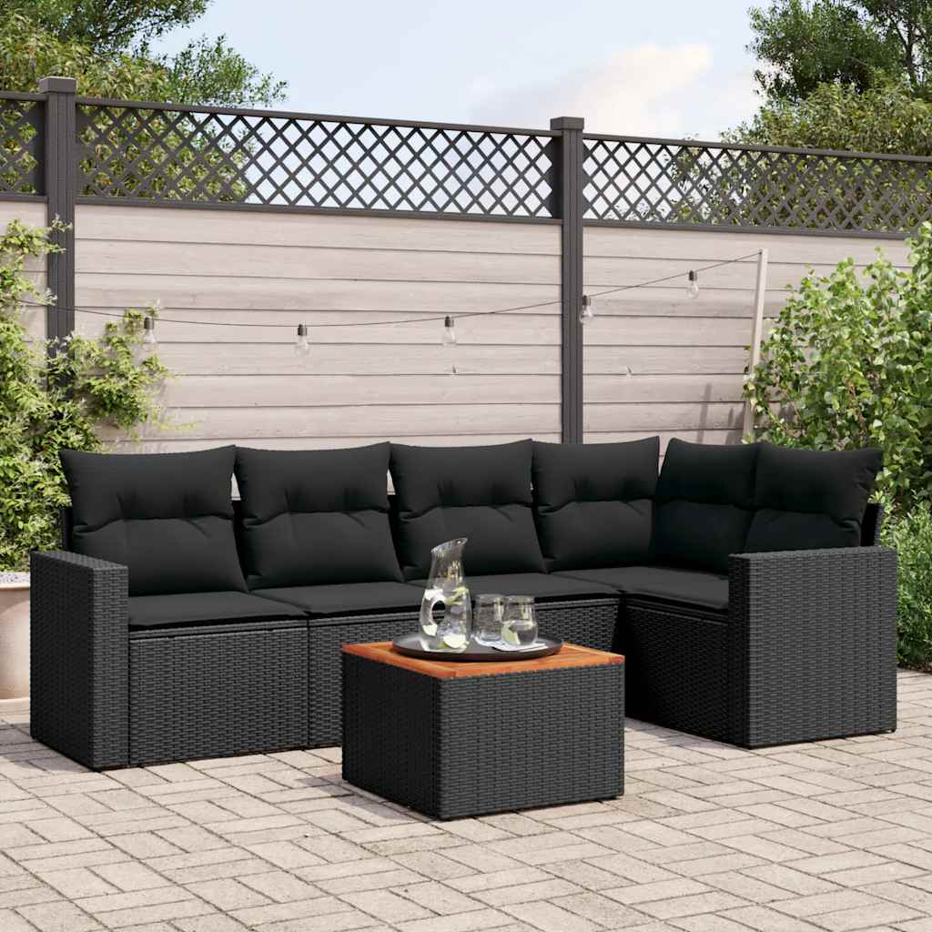 6 Pcs conjunto sofás de jardim c/ almofadões vime PE preto
