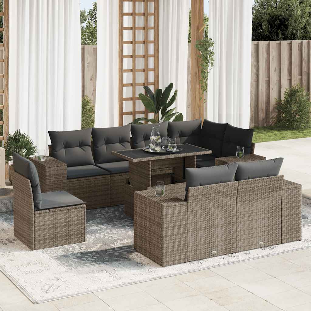 9 Pcs conjunto sofás p/ jardim com almofadões vime PE cinzento