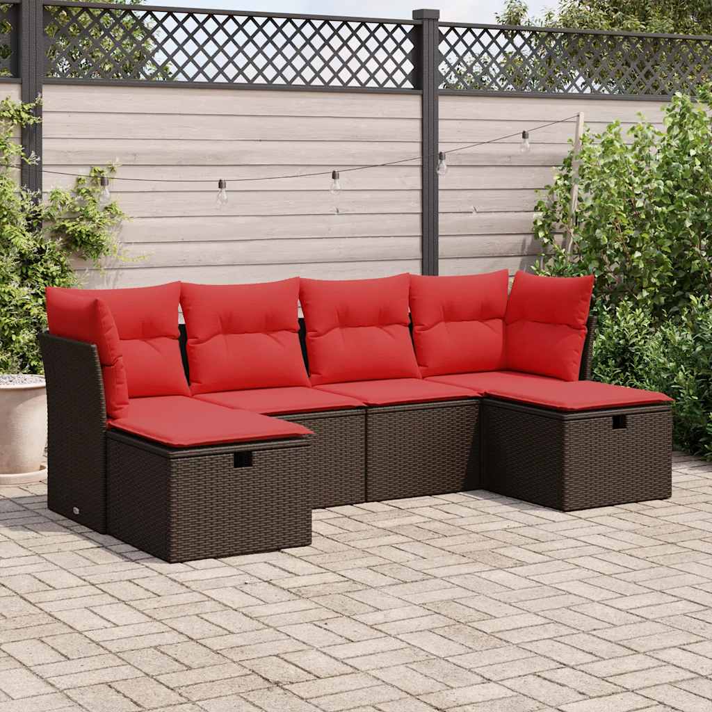 6 Pcs conjunto de sofás jardim c/ almofadões vime PE castanho