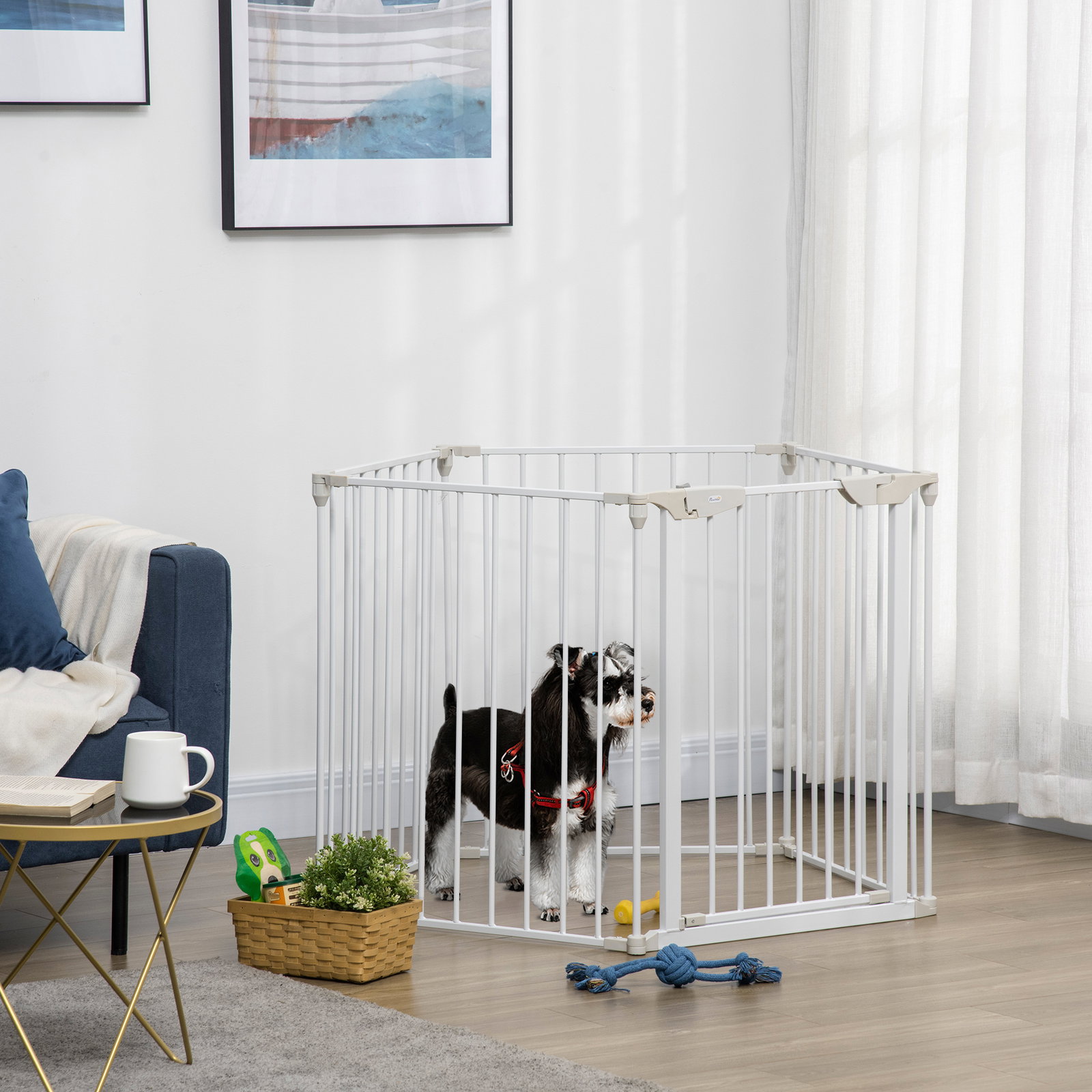 Barreira de segurança para animais de estimação barreira dobrável de 5 painéis com fechadura inteligente 300x74,5 cm branco