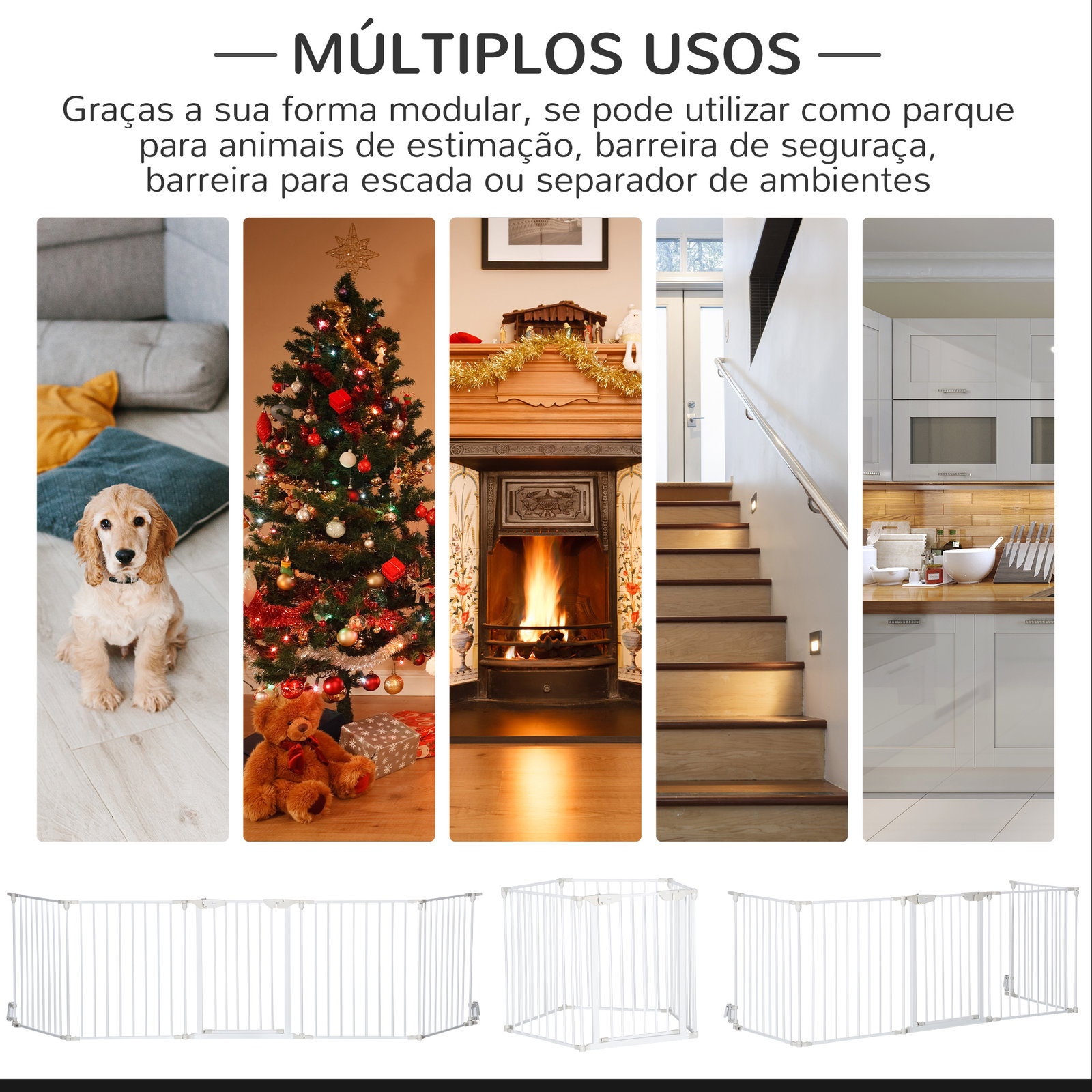 Barreira de segurança para animais de estimação barreira dobrável de 5 painéis com fechadura inteligente 300x74,5 cm branco