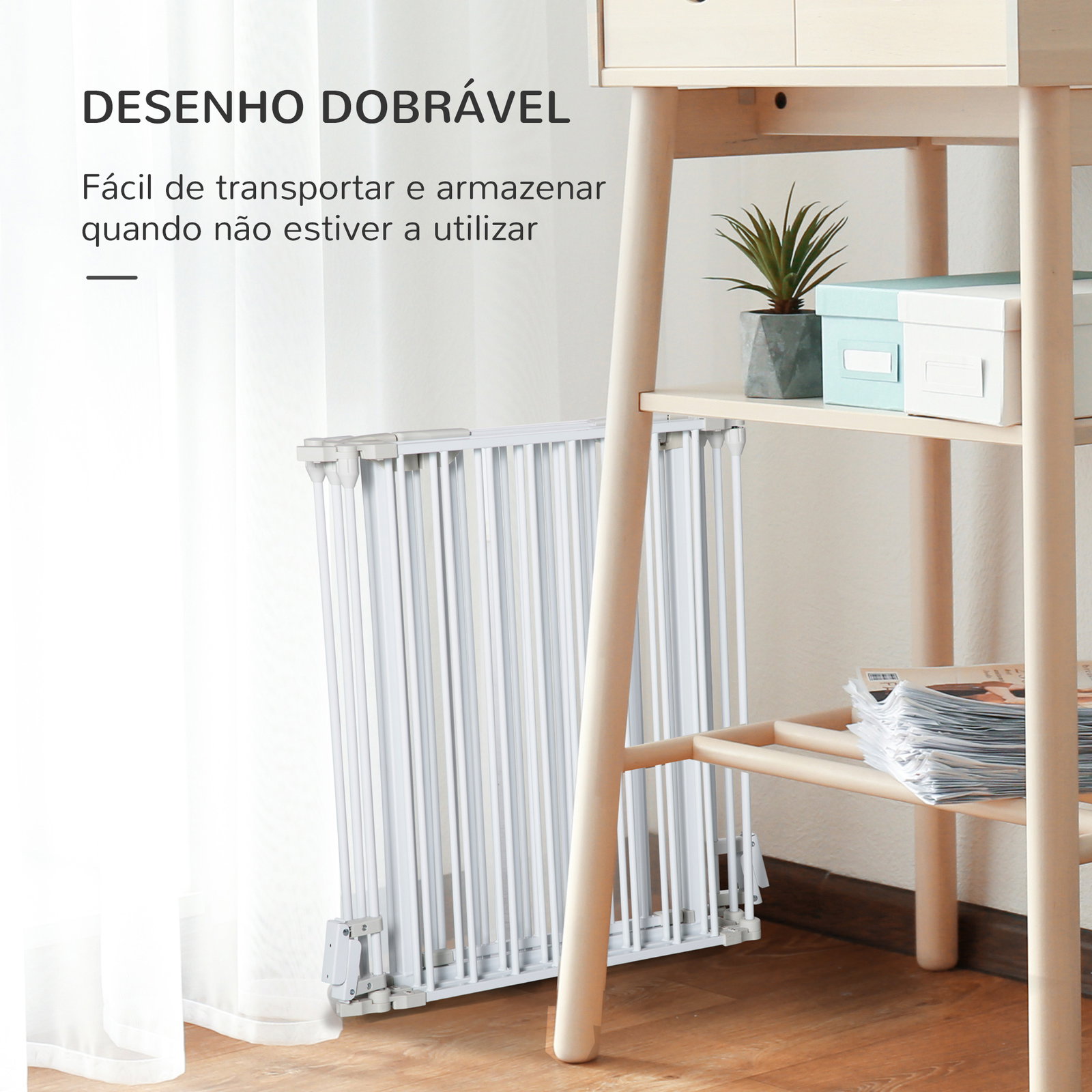 Barreira de segurança para animais de estimação barreira dobrável de 5 painéis com fechadura inteligente 300x74,5 cm branco