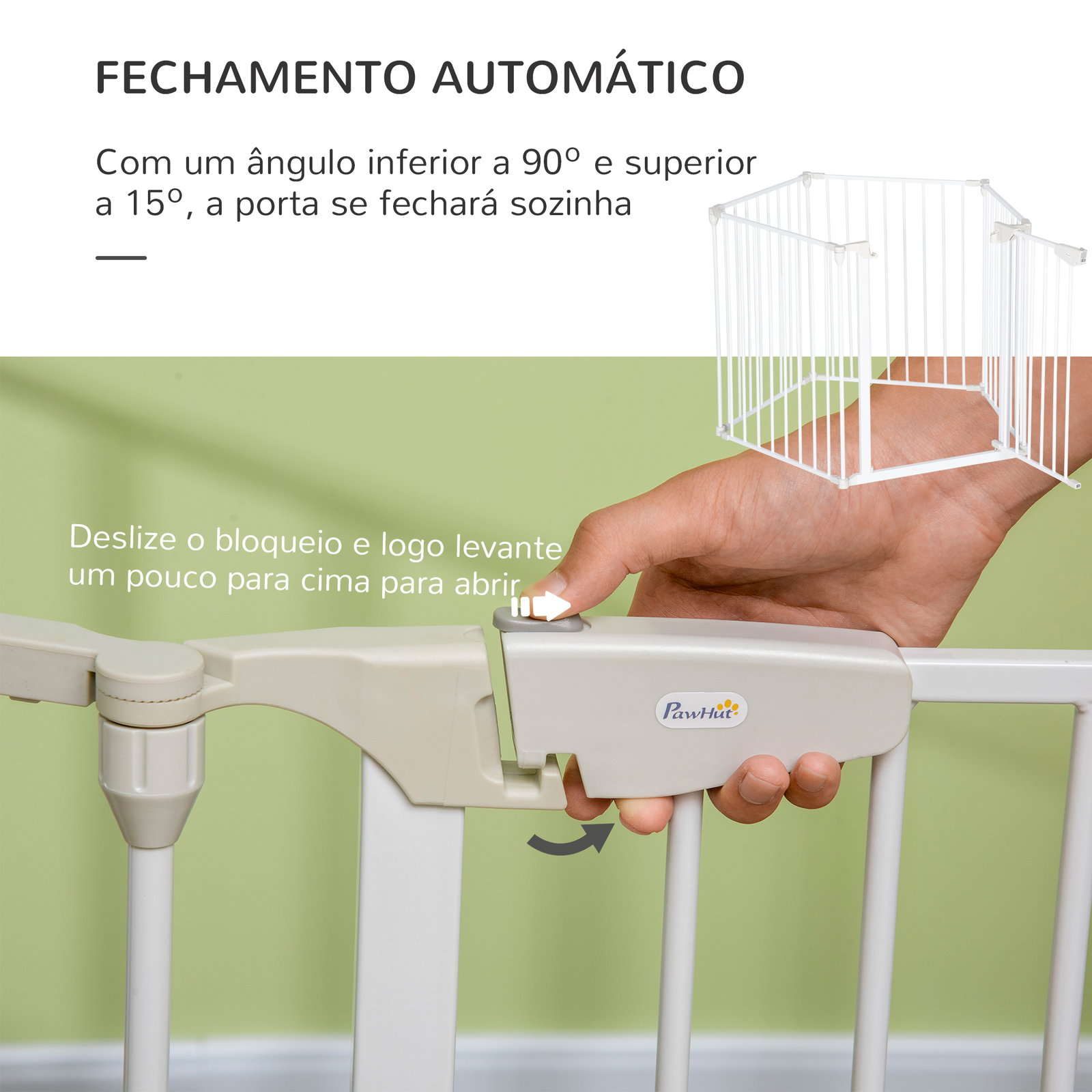 Barreira de segurança para animais de estimação barreira dobrável de 5 painéis com fechadura inteligente 300x74,5 cm branco