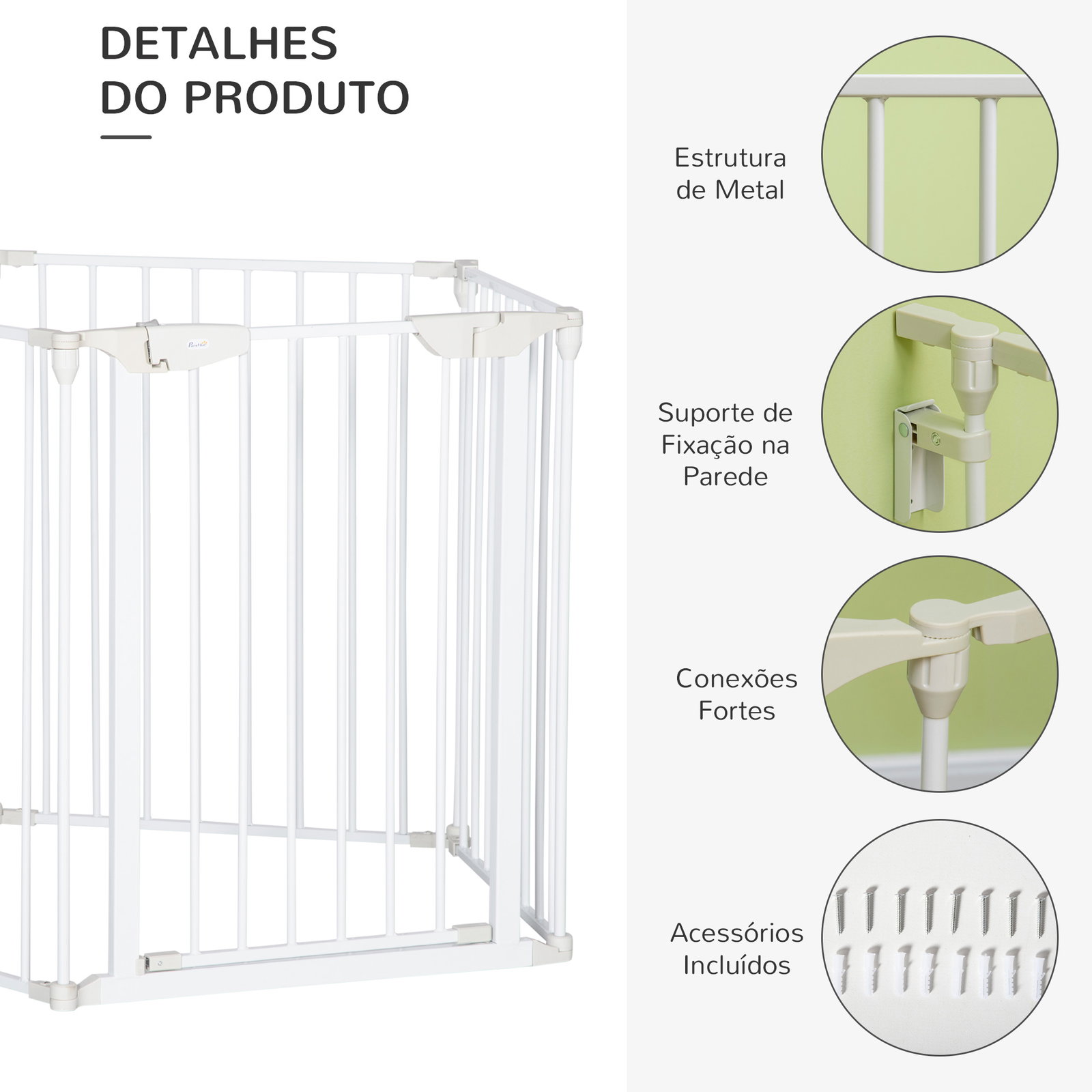 Barreira de segurança para animais de estimação barreira dobrável de 5 painéis com fechadura inteligente 300x74,5 cm branco