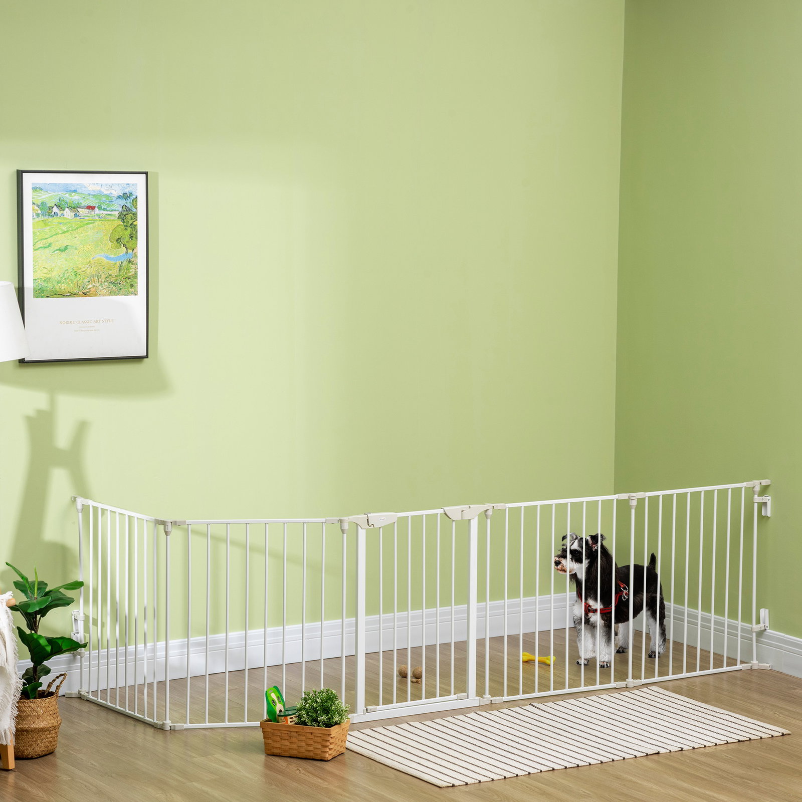 Barreira de segurança para animais de estimação barreira dobrável de 5 painéis com fechadura inteligente 300x74,5 cm branco
