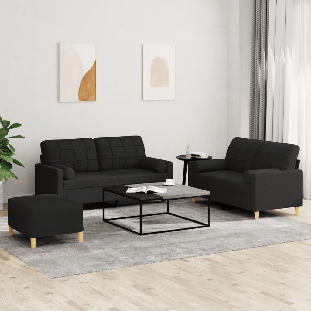 3 Pcs conjunto de sofás com almofadas tecido preto