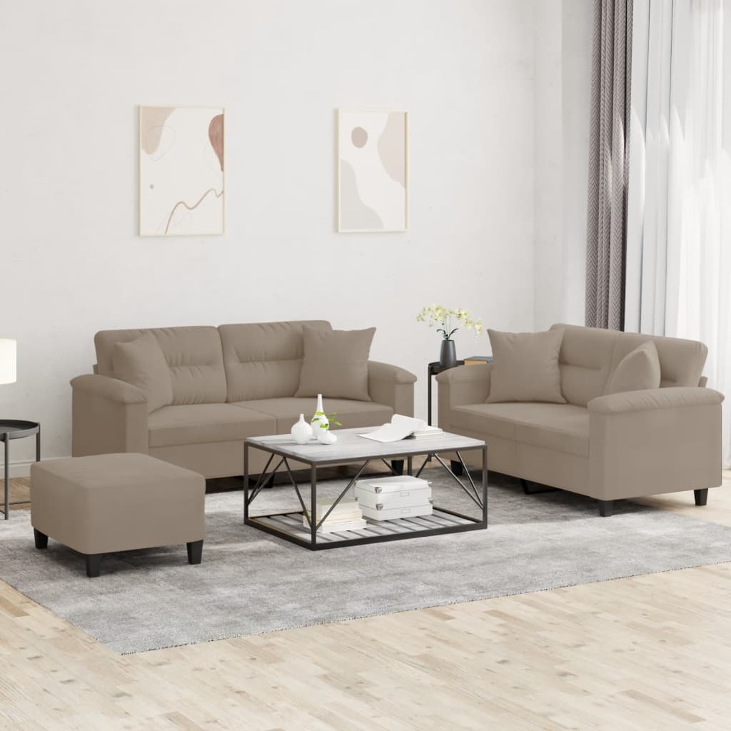 3 Pcs conjunto sofás c/ almofadas microfibra cinza-acastanhado
