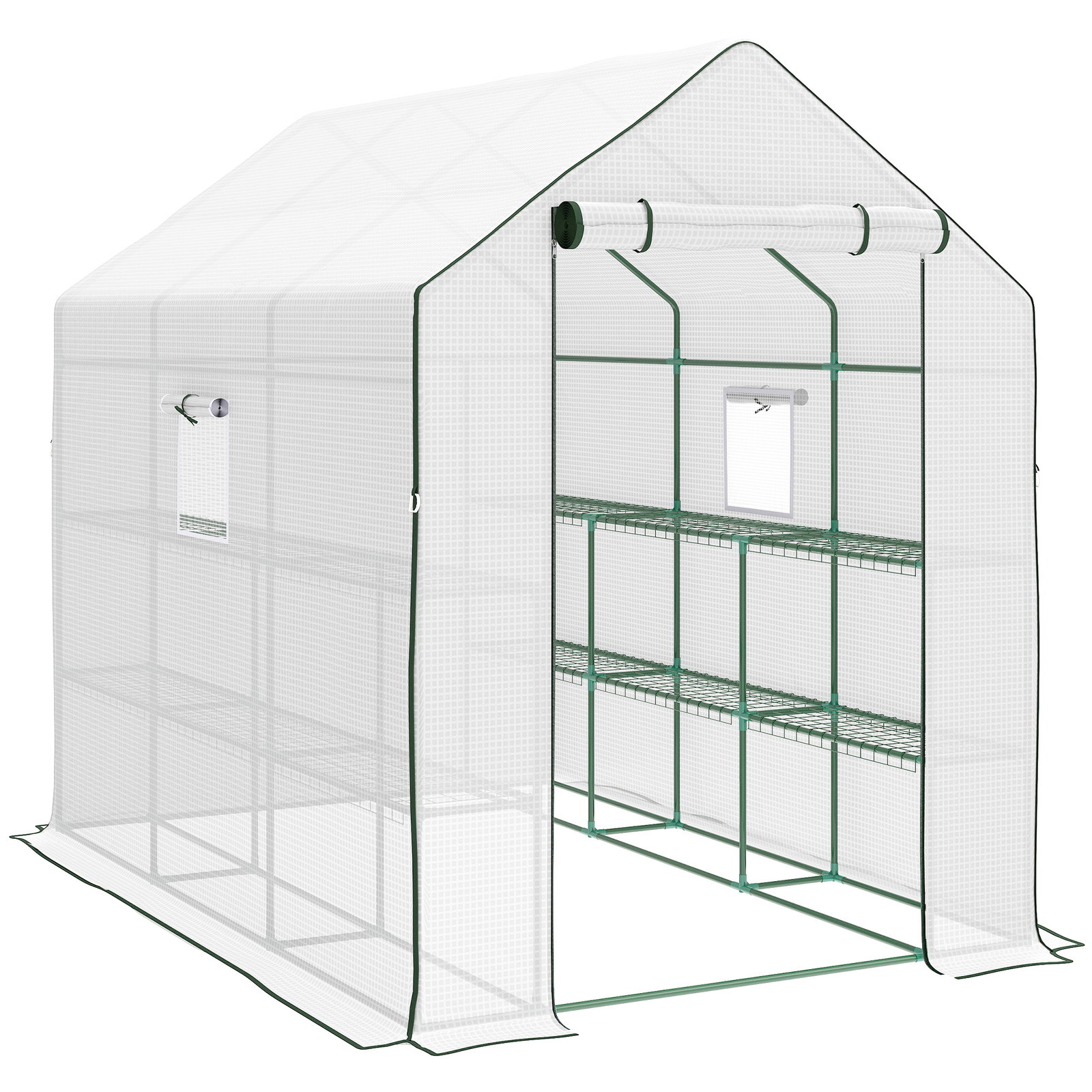 Estufa de jardim de 3 níveis com 12 prateleiras porta enrolável janelas anti-UV cobertura de PE 140x213x190 cm branco