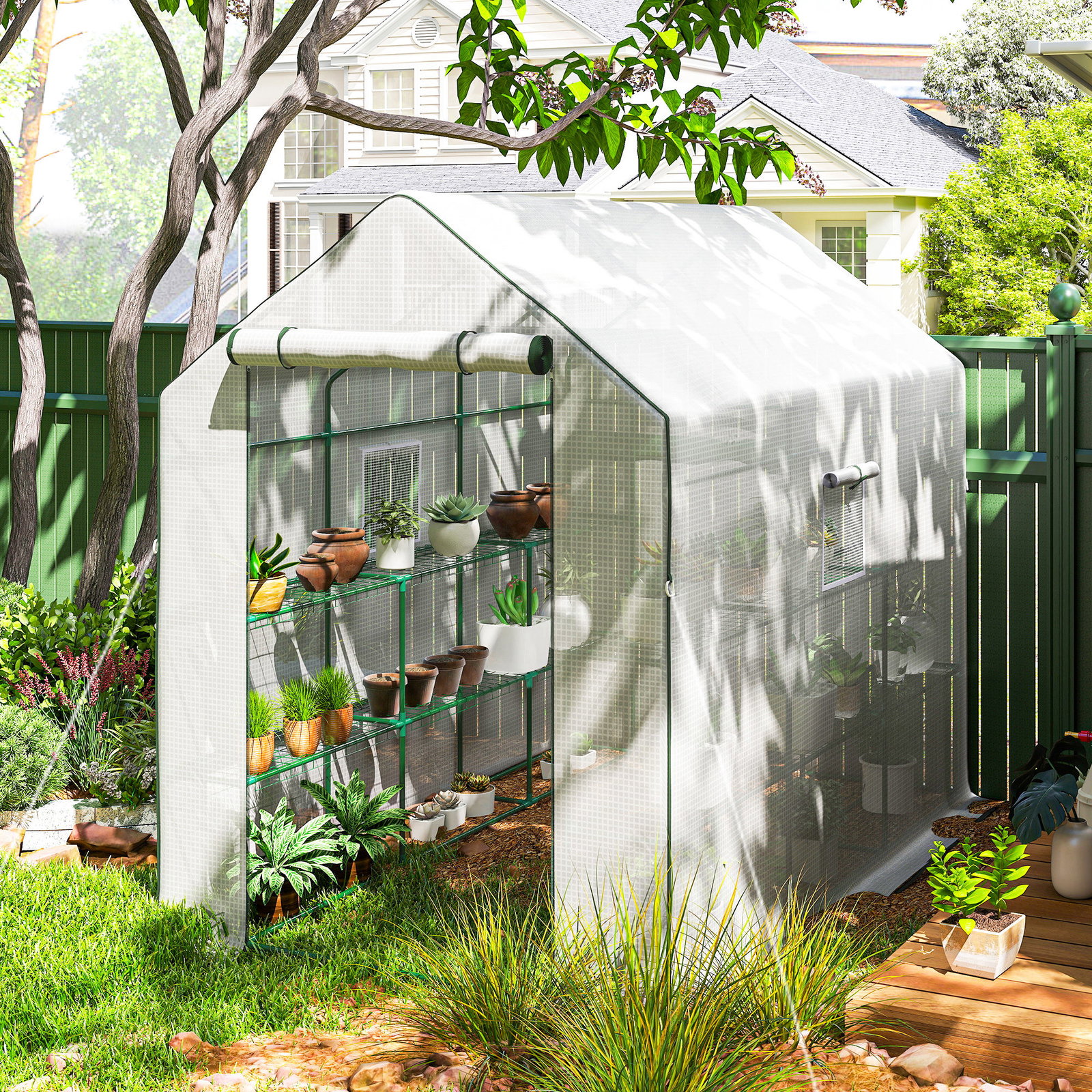 Estufa de jardim de 3 níveis com 12 prateleiras porta enrolável janelas anti-UV cobertura de PE 140x213x190 cm branco