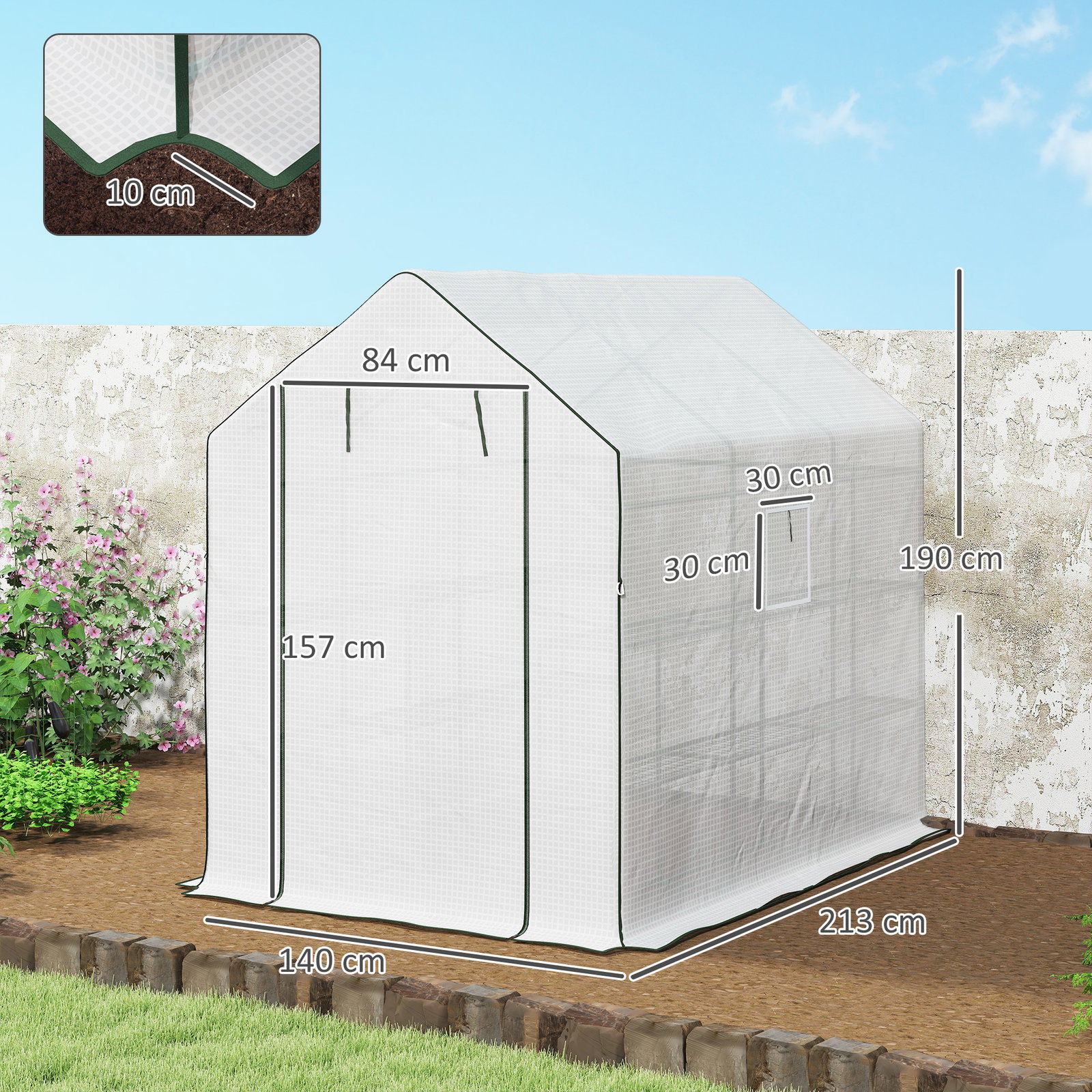 Estufa de jardim de 3 níveis com 12 prateleiras porta enrolável janelas anti-UV cobertura de PE 140x213x190 cm branco