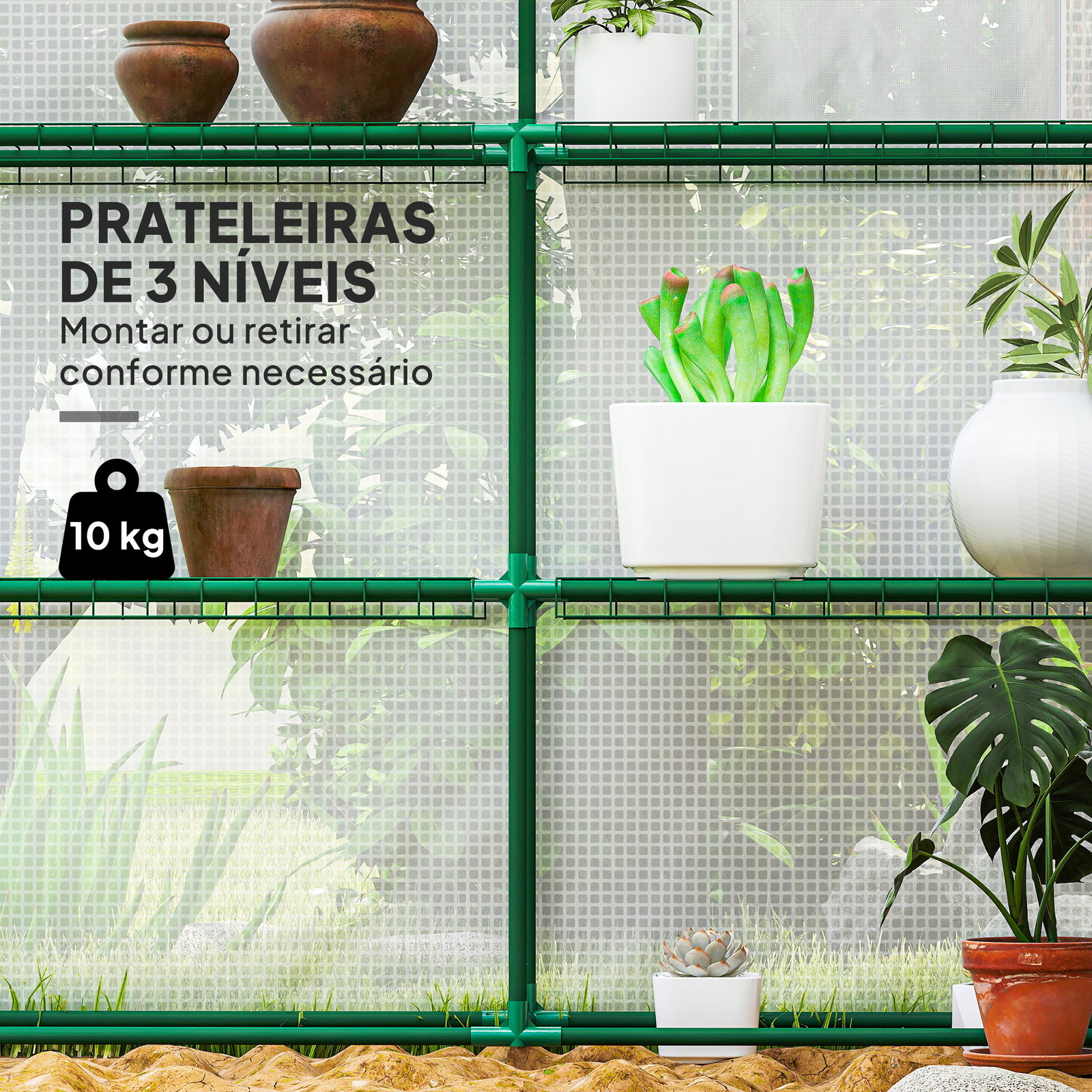 Estufa de jardim de 3 níveis com 12 prateleiras porta enrolável janelas anti-UV cobertura de PE 140x213x190 cm branco