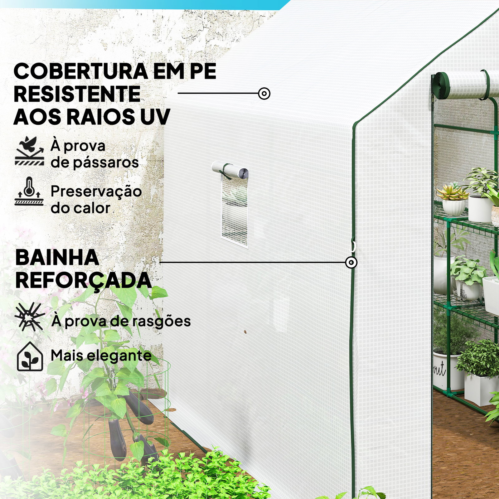 Estufa de jardim de 3 níveis com 12 prateleiras porta enrolável janelas anti-UV cobertura de PE 140x213x190 cm branco