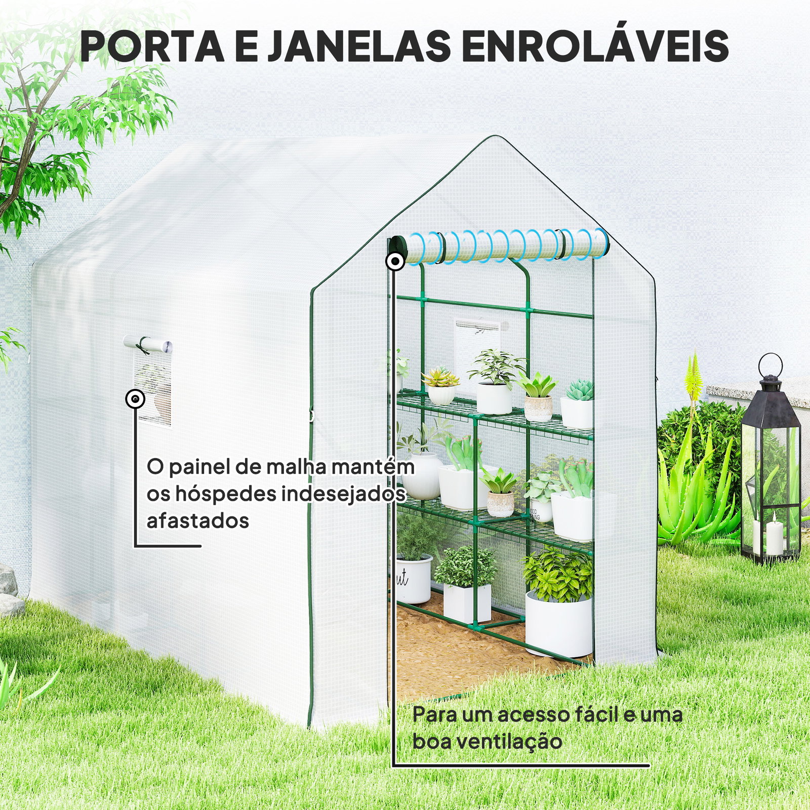 Estufa de jardim de 3 níveis com 12 prateleiras porta enrolável janelas anti-UV cobertura de PE 140x213x190 cm branco