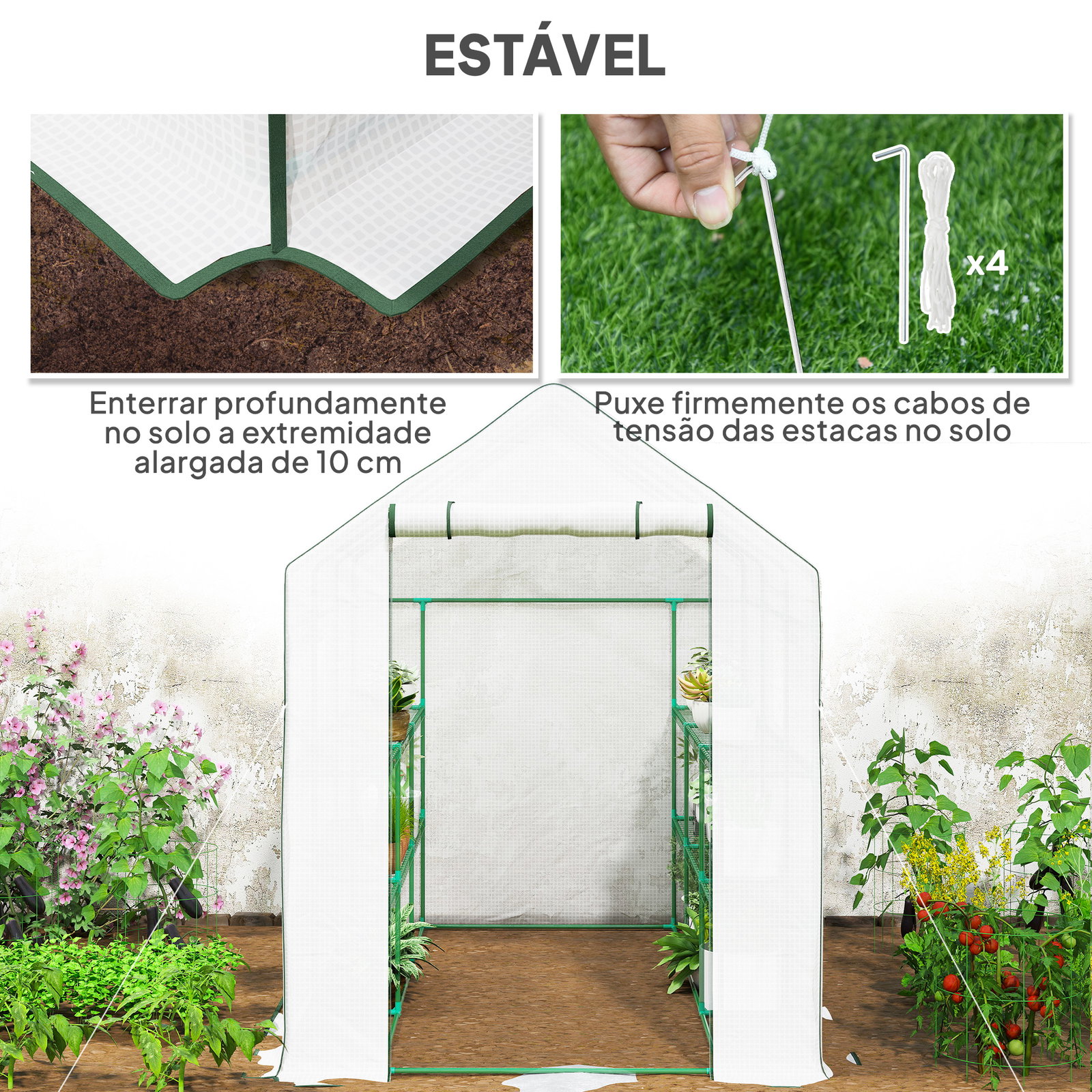 Estufa de jardim de 3 níveis com 12 prateleiras porta enrolável janelas anti-UV cobertura de PE 140x213x190 cm branco