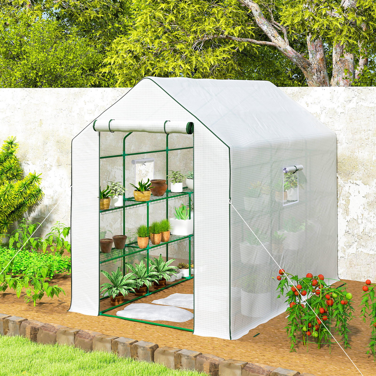 Estufa de jardim de 3 níveis com 12 prateleiras porta enrolável janelas anti-UV cobertura de PE 140x213x190 cm branco