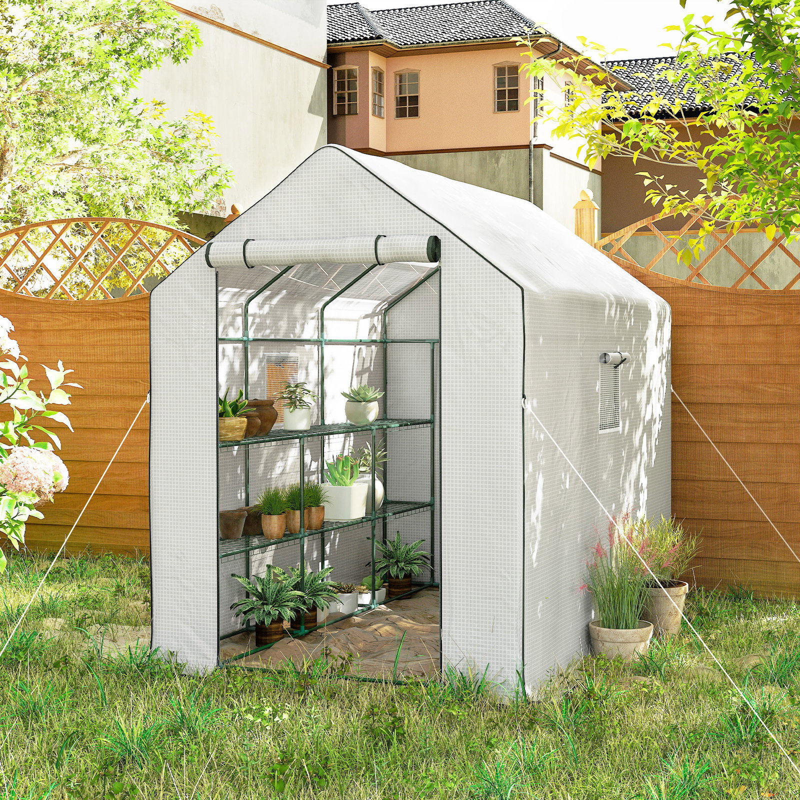 Estufa de jardim de 3 níveis com 12 prateleiras porta enrolável janelas anti-UV cobertura de PE 140x213x190 cm branco