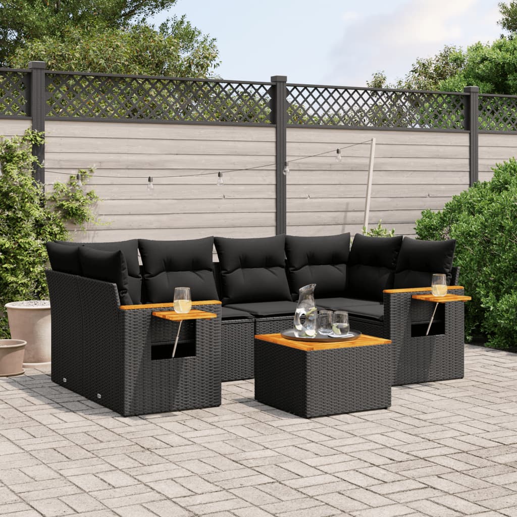 7 Pcs conjunto de sofás p/ jardim c/ almofadões vime PE preto