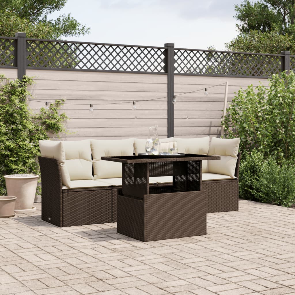 5 Pcs conjunto sofás p/ jardim c/ almofadões vime PE castanho