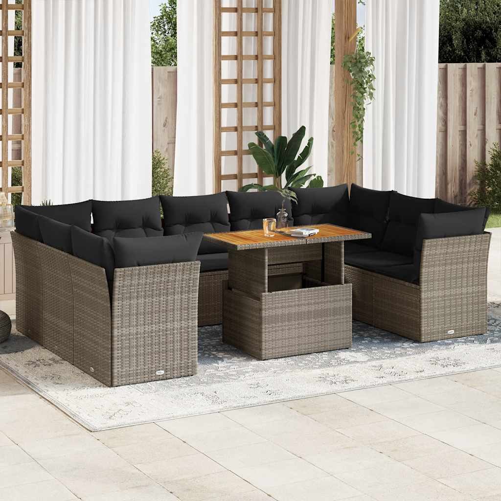 10 Pcs conjunto sofás de jardim c/ almofadões vime PE cinzento