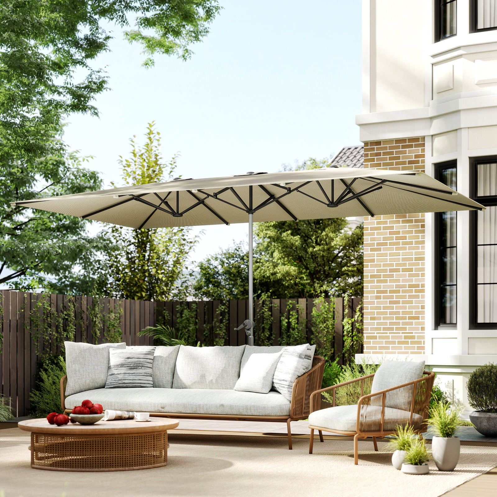 Chapéu de sol duplo 4,5x2,6 m chapéu de sol de jardim com manivela mastro de alumínio impermeável e proteção uv50+ creme