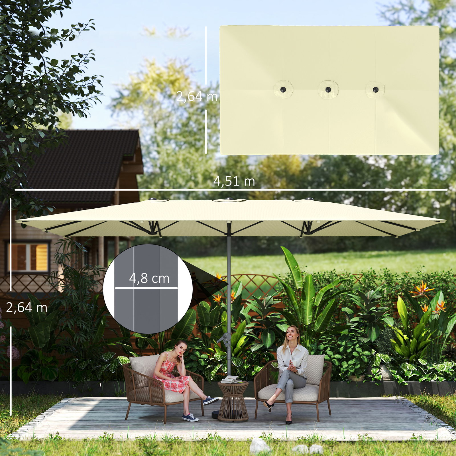 Chapéu de sol duplo 4,5x2,6 m chapéu de sol de jardim com manivela mastro de alumínio impermeável e proteção uv50+ creme