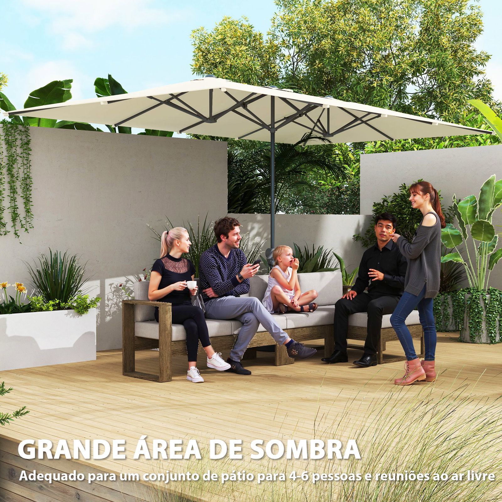 Chapéu de sol duplo 4,5x2,6 m chapéu de sol de jardim com manivela mastro de alumínio impermeável e proteção uv50+ creme