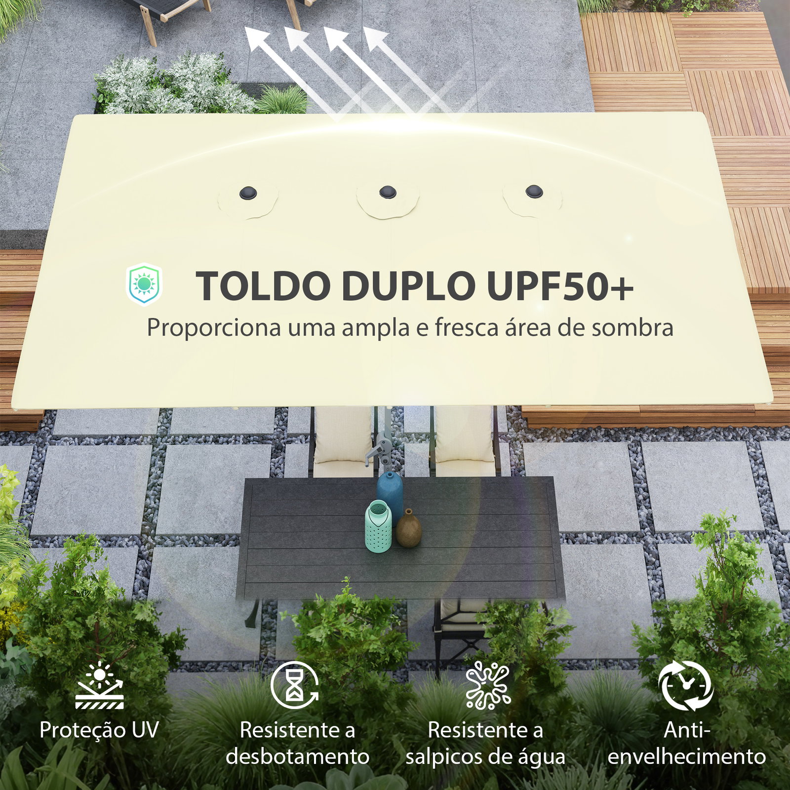 Chapéu de sol duplo 4,5x2,6 m chapéu de sol de jardim com manivela mastro de alumínio impermeável e proteção uv50+ creme