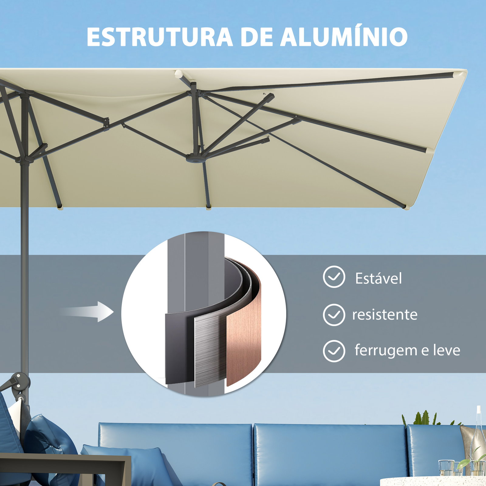 Chapéu de sol duplo 4,5x2,6 m chapéu de sol de jardim com manivela mastro de alumínio impermeável e proteção uv50+ creme