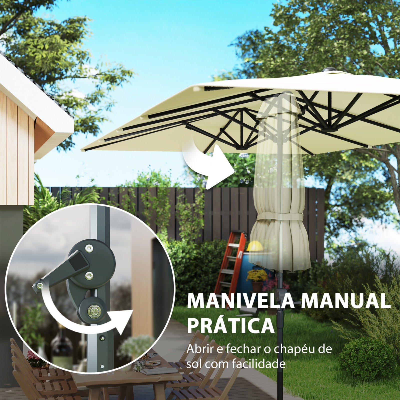 Chapéu de sol duplo 4,5x2,6 m chapéu de sol de jardim com manivela mastro de alumínio impermeável e proteção uv50+ creme