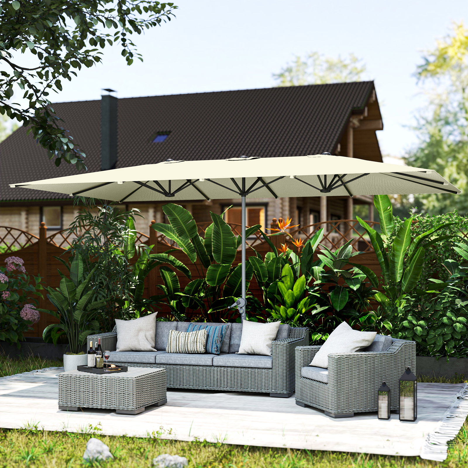 Chapéu de sol duplo 4,5x2,6 m chapéu de sol de jardim com manivela mastro de alumínio impermeável e proteção uv50+ creme