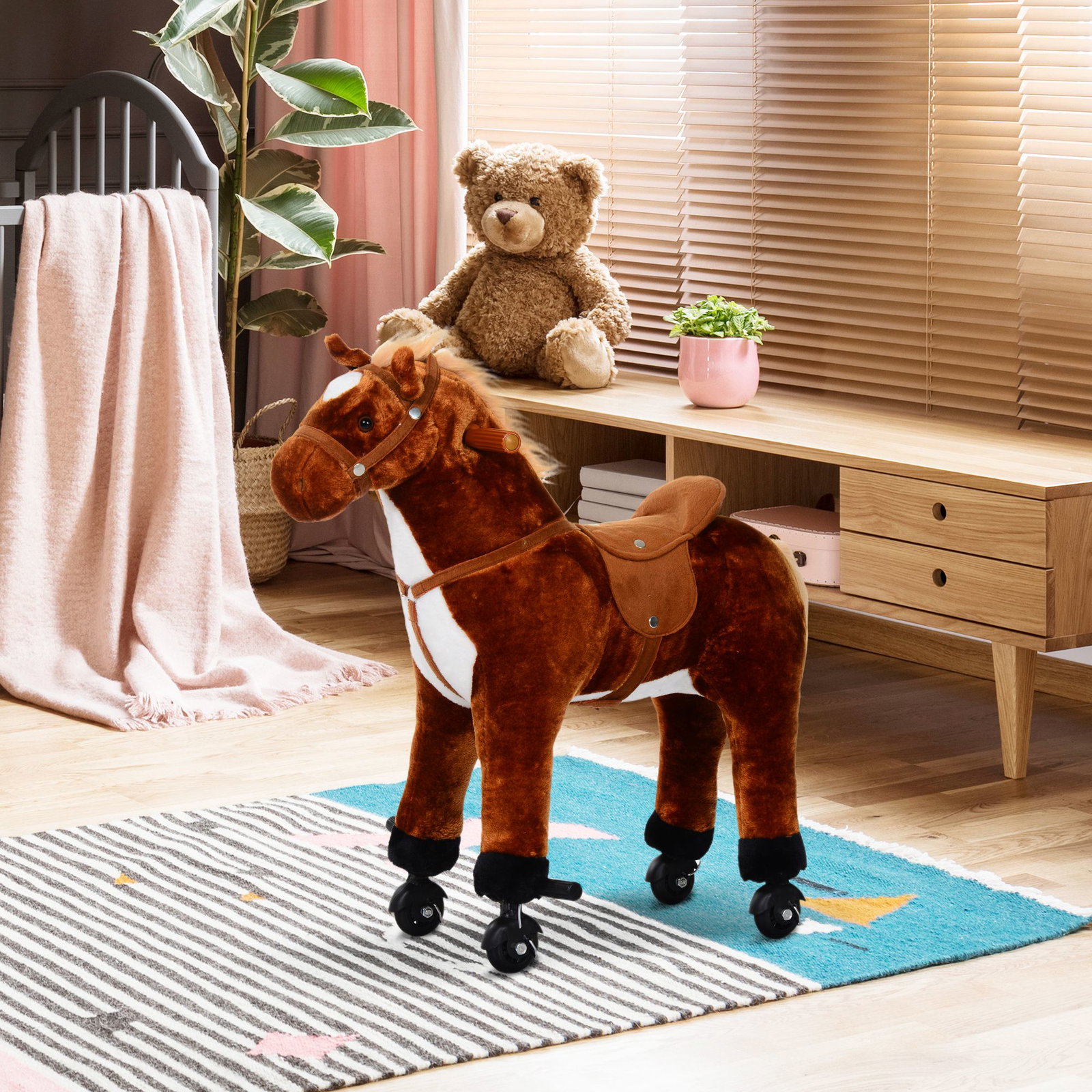 Cavalo de brinquedo para crianças de +3 anos com rodas sons e estrutura de metal carga 60kg 65x28x75 cm castanho