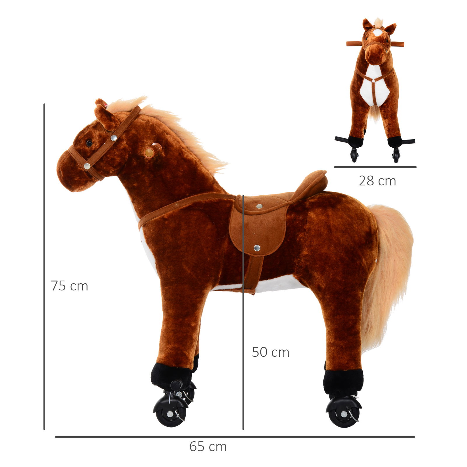 Cavalo de brinquedo para crianças de +3 anos com rodas sons e estrutura de metal carga 60kg 65x28x75 cm castanho