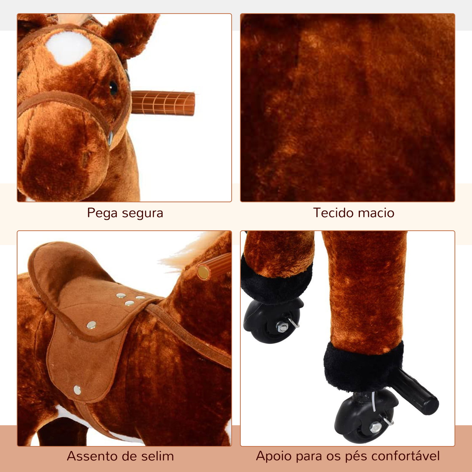Cavalo de brinquedo para crianças de +3 anos com rodas sons e estrutura de metal carga 60kg 65x28x75 cm castanho
