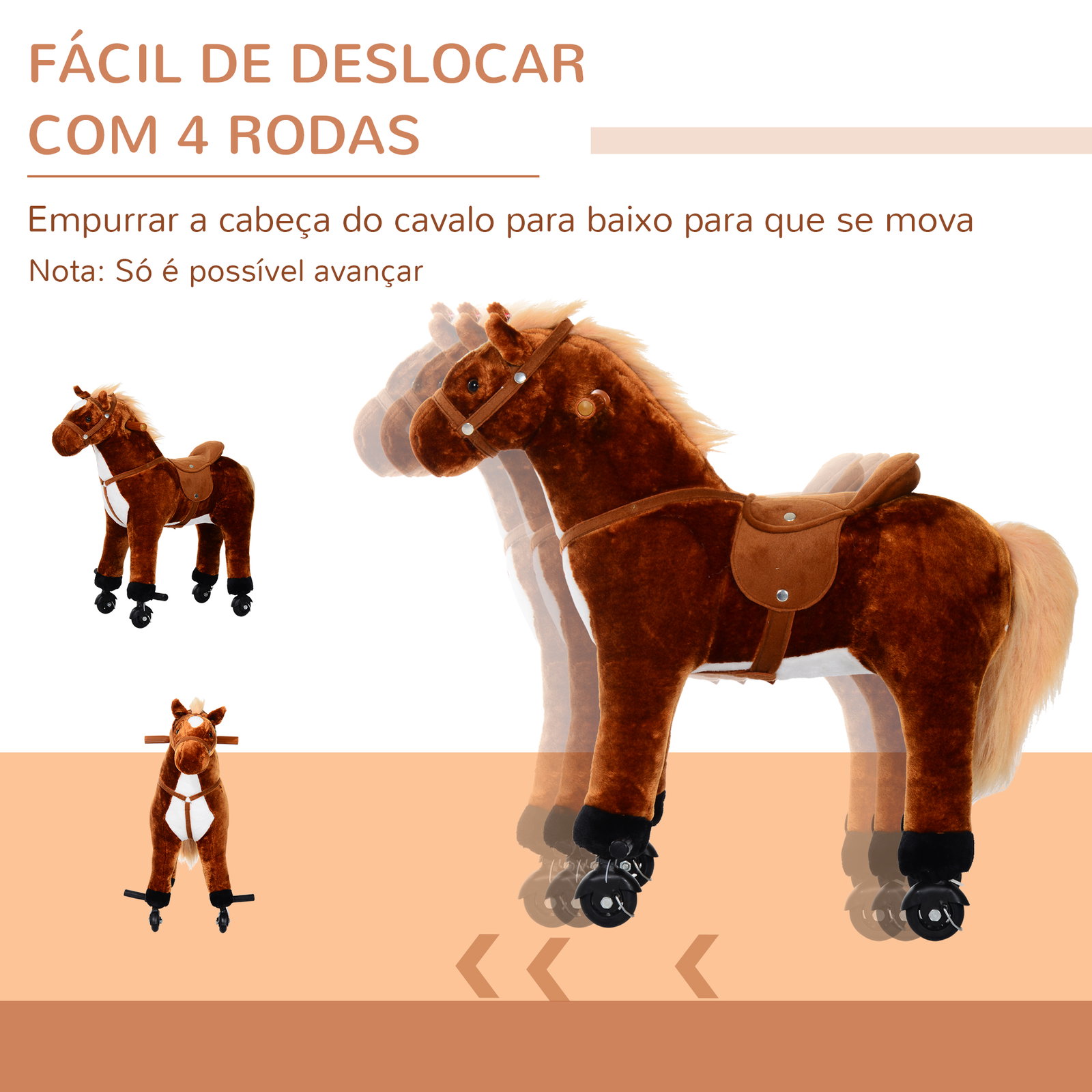 Cavalo de brinquedo para crianças de +3 anos com rodas sons e estrutura de metal carga 60kg 65x28x75 cm castanho