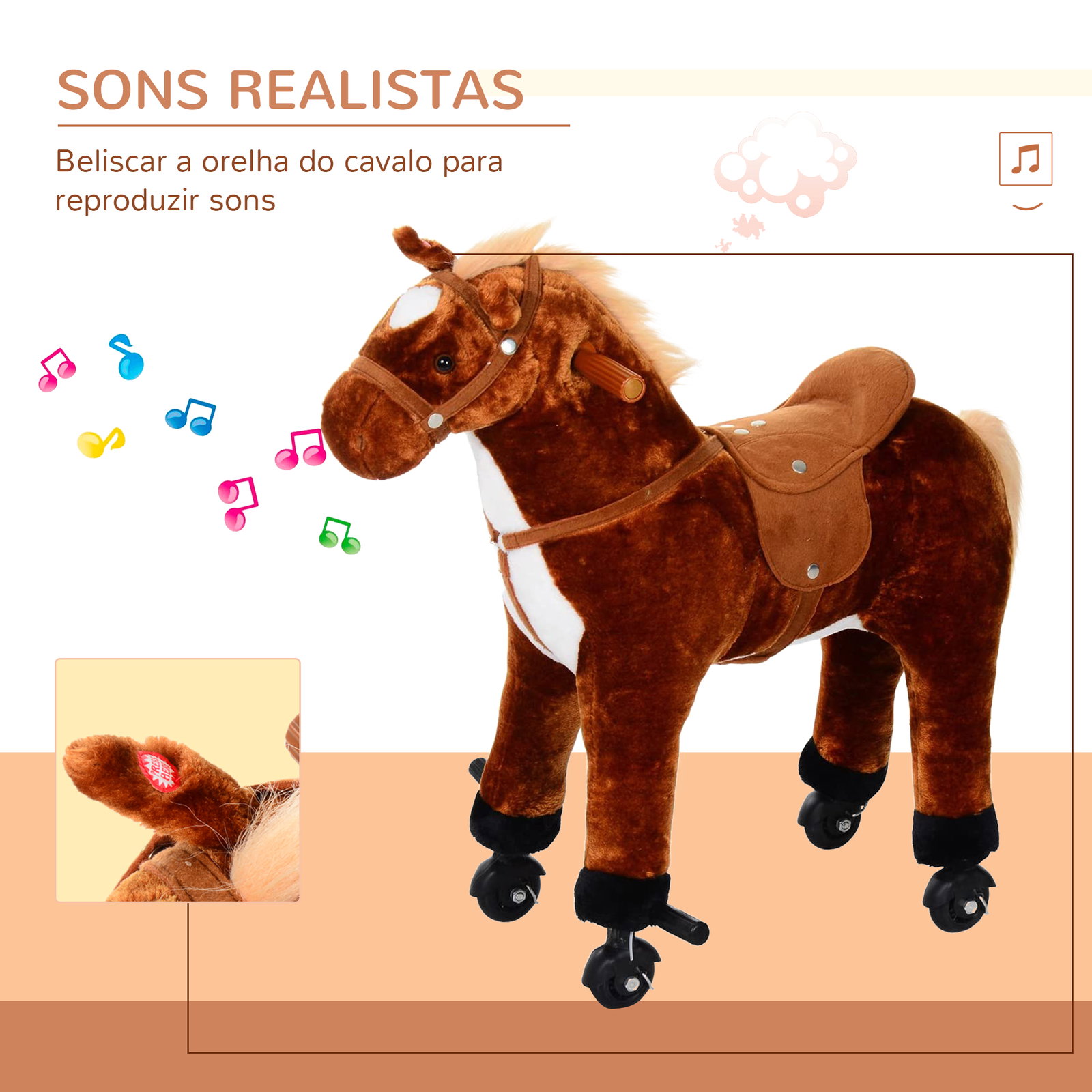 Cavalo de brinquedo para crianças de +3 anos com rodas sons e estrutura de metal carga 60kg 65x28x75 cm castanho