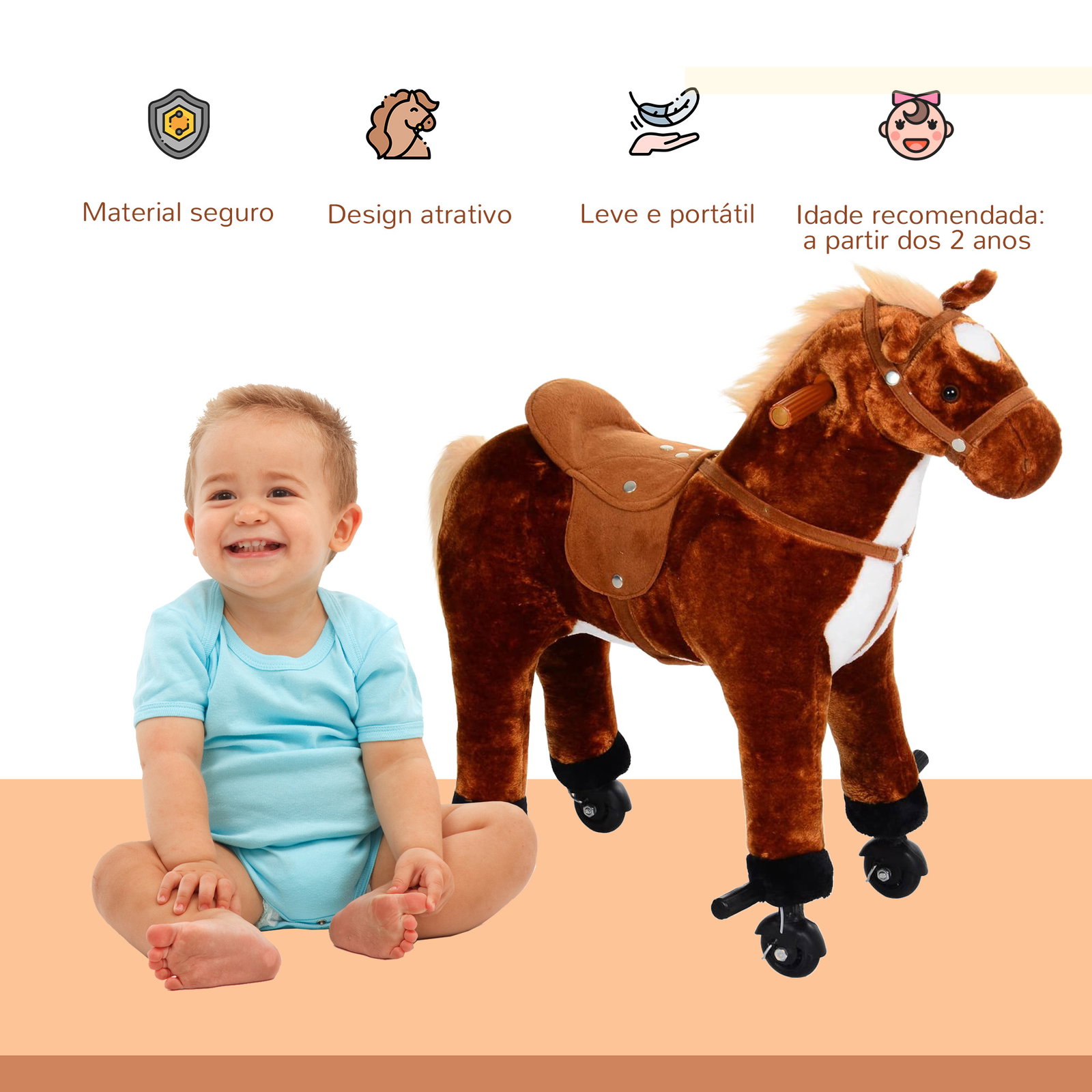 Cavalo de brinquedo para crianças de +3 anos com rodas sons e estrutura de metal carga 60kg 65x28x75 cm castanho